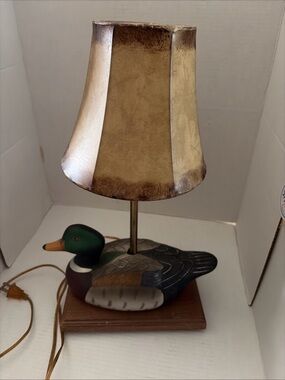 Hand-Painted Green Mallard Duck Table Lamp with Gold Shade